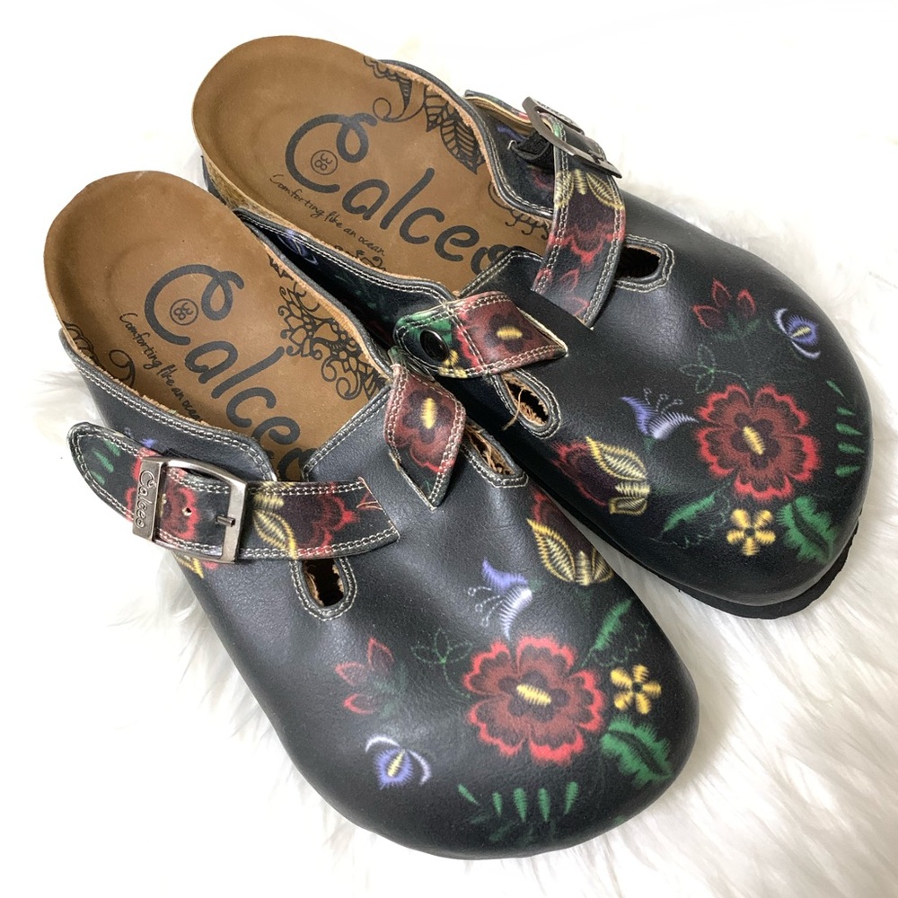CALECO BLACK & RED FLORAL CLOGS SANDALS WOMEN’S SIZE EU38/US7.5 Preowned
